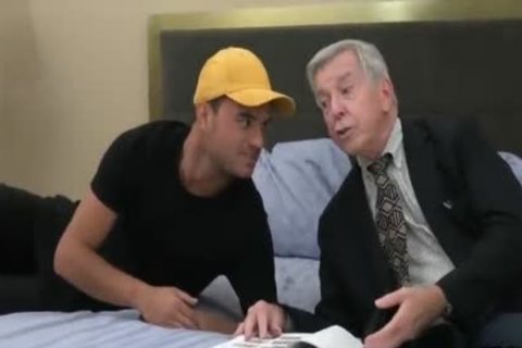 stylish old Grey Haired American Teacher And His Student
