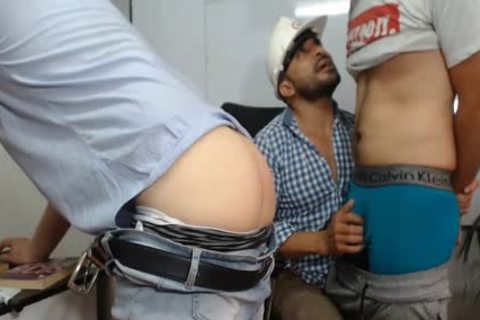 3 daddy guys With gigantic weenies Caressing Each Other And Having Live Sex