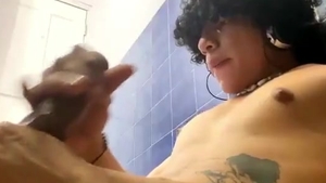 curly Hair Latino lad With Tattoos Jerks Off His large darksome penis
