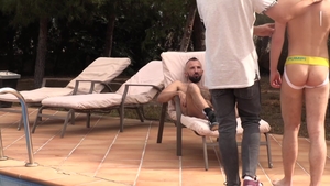 Eager Youngster Between Bearded Dad's Legs for some Pleasure